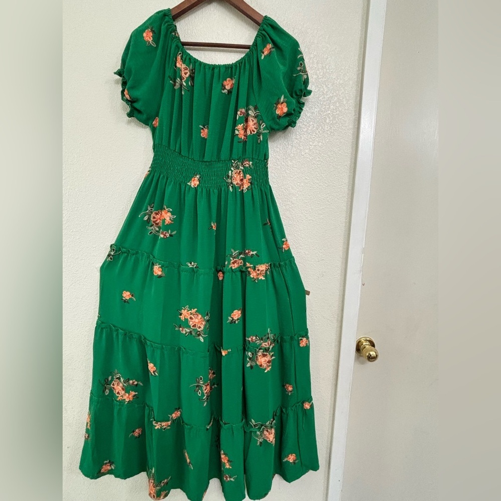 Anthropologie Kindred Green Floral Embroidered Smocked Tiered Cottagecore Maxi - Picture 7 of 11
